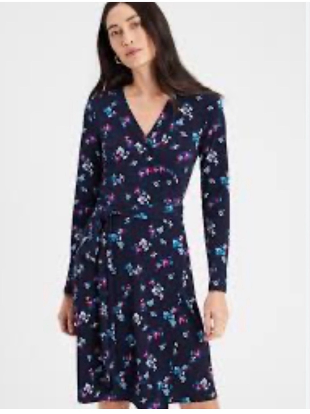 Long-Sleeve Floral Wrap Dress in Navy